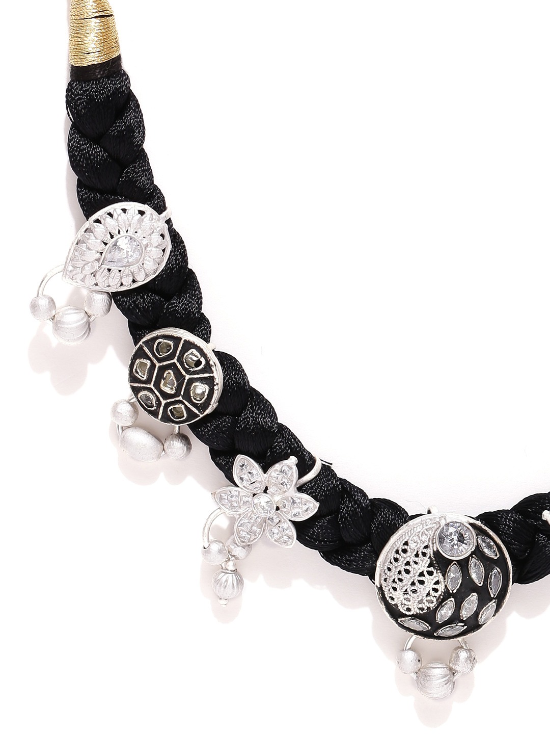 YouBella Black Silver-Toned Stone-Studded Braided Jewellery Set